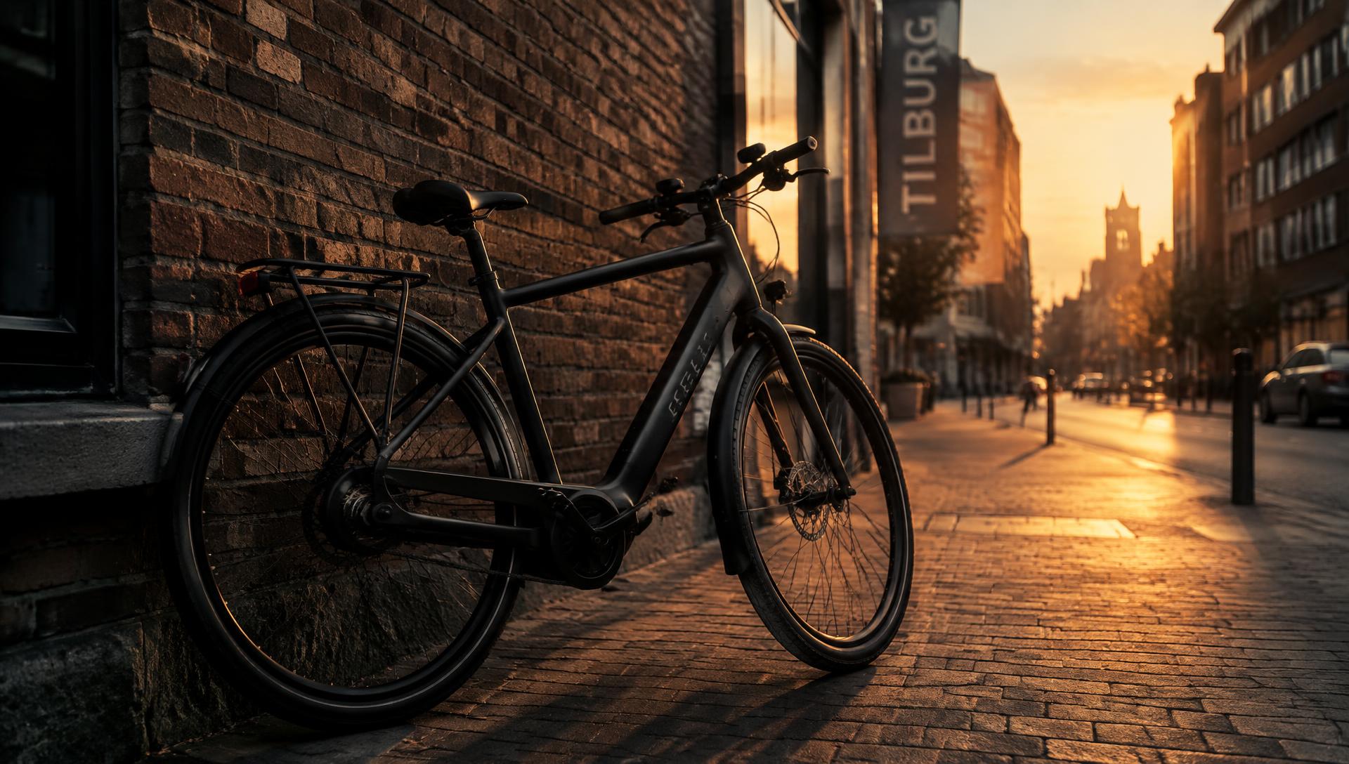 Zwarte e-bike in Tilburg bij zonsondergang